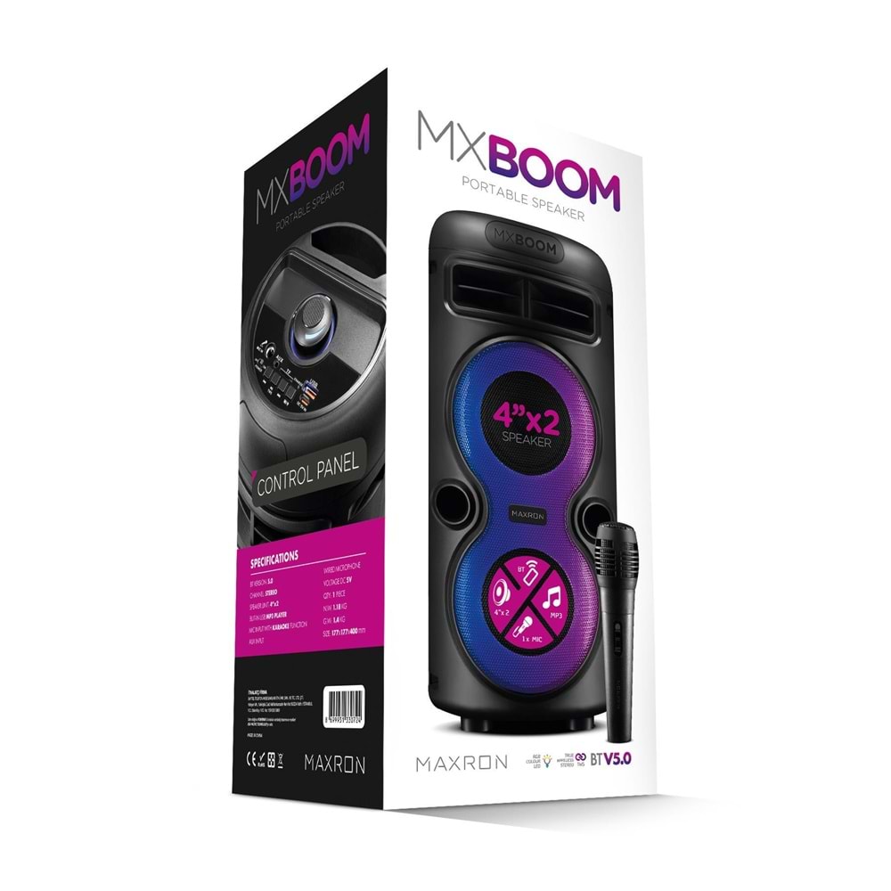 Maxron MXBoom Karaoke Mikrofonlu Bluetooth Hoparlör Parti Led Işıklı Ses Sistemi