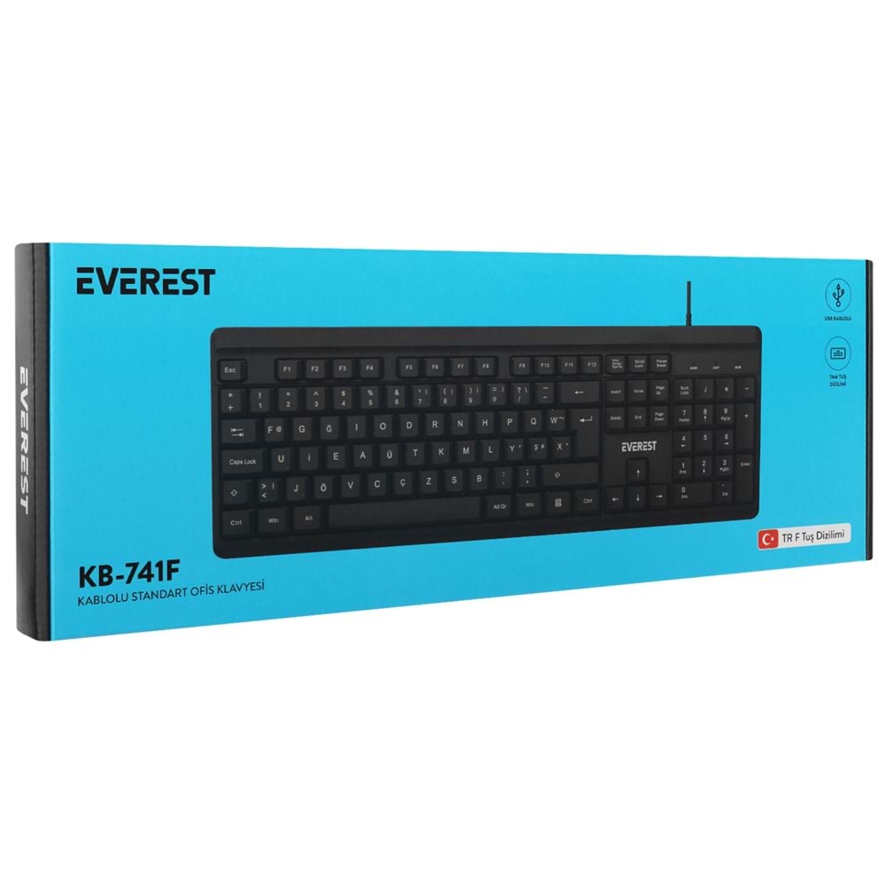Everest KB-741F Siyah/Gri USB 2 Metre Bakır Kablolu Tamamen Türkçe F Klavye