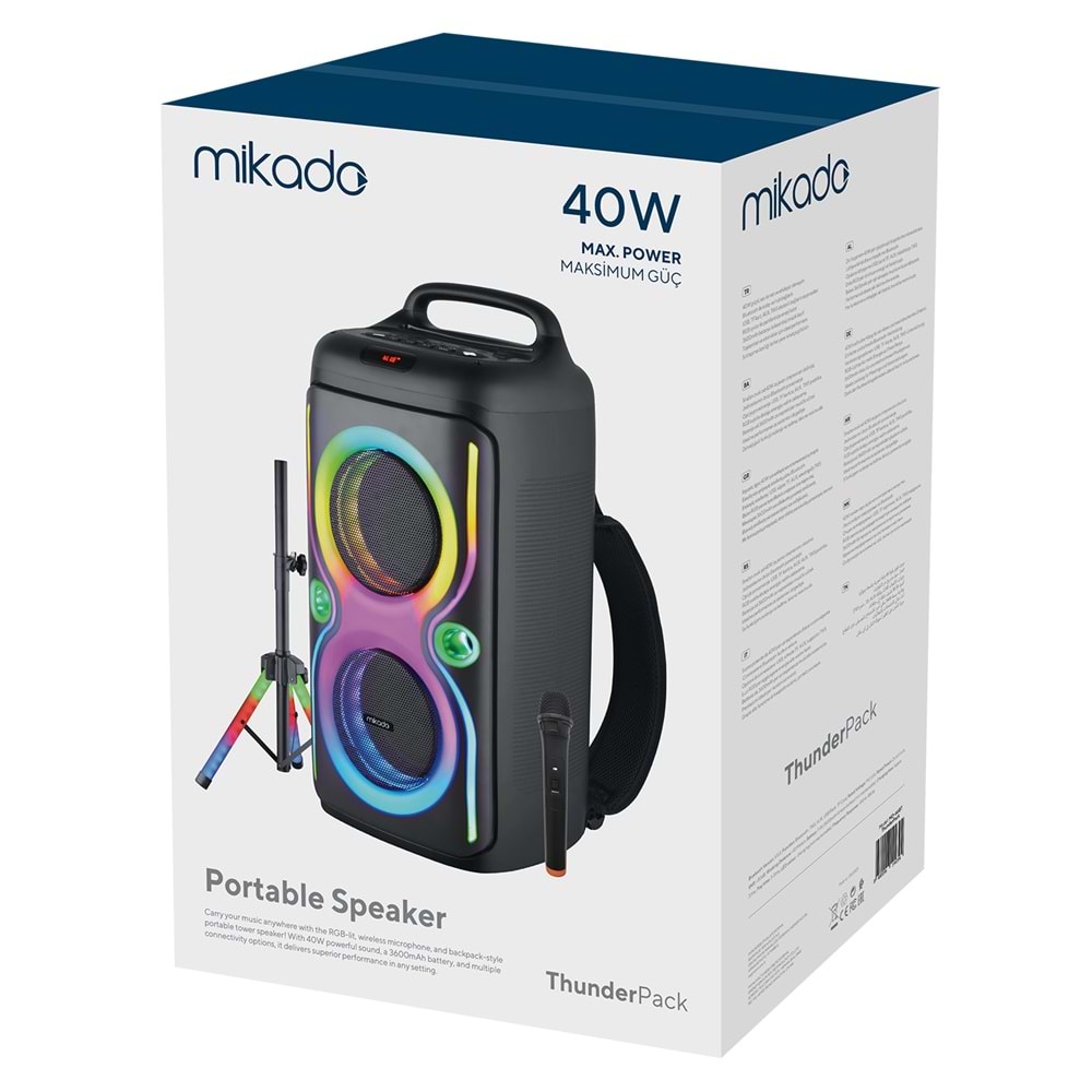 Mikado MD-66BT ThunderBag 40W 3600mAh Çanta Taşıma Özellikli USB/BT/TF/TWS RGB Işıklı Kablosuz Mikrofonlu Toplantı-Parti