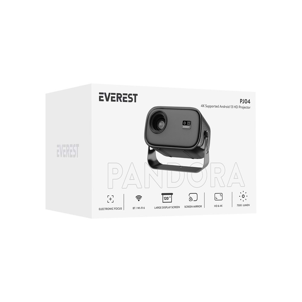 Everest PJ04 Pandora Siyah/Gri Taşınabilir 1280*720P 7500 Lumen 4K Destekli Andriod 13 HD Projeksiyon Cihazı