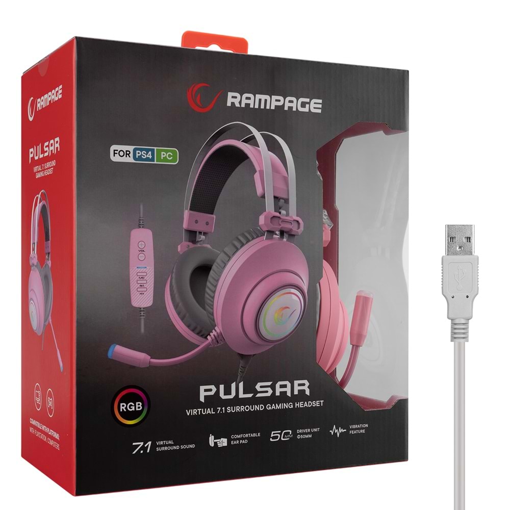 Rampage RM-K1 PULSAR Pembe Usb 7.1 Surround+Titreşim RGB Işık Efektli Gaming Oyuncu Mikrofonlu Kulaklık