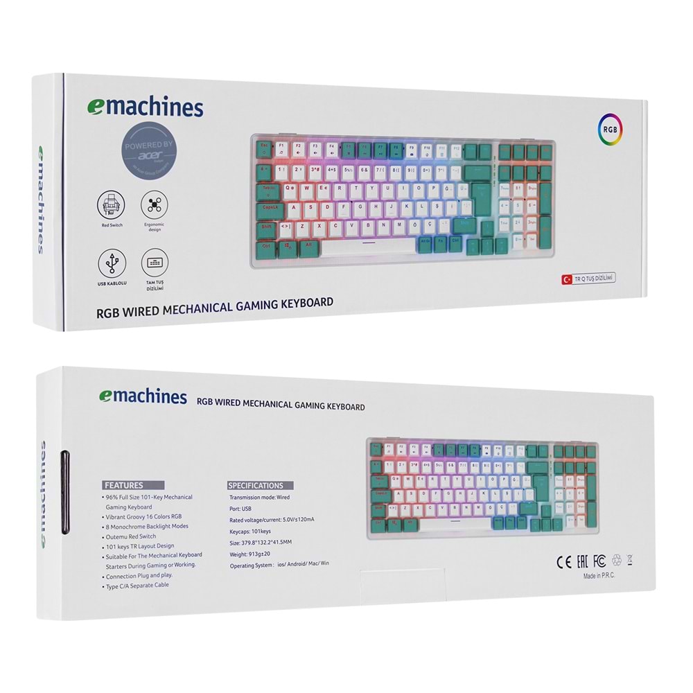 Acer eMachines EAK100 Yeşil/Beyaz USB RGB Backlight RED SWITCH Mekanik Q 100 Tuşlu Compact Gaming Klavye