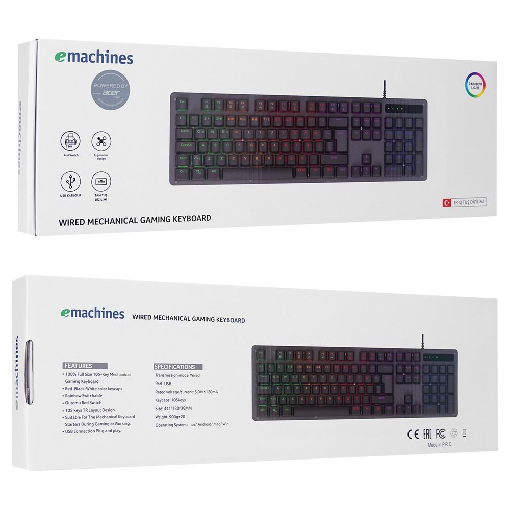 Acer eMachines EAK104 Siyah USB RGB Backlight RED SWITCH Mekanik Q 104 Tuşlu Gaming Klavye