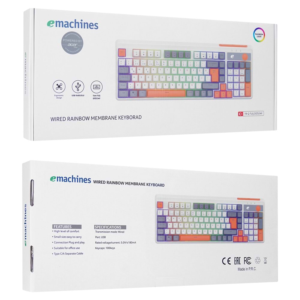 Acer eMachines EAK860 Beyaz USB Rainbow Aydınlatmalı Q Standart Kompakt Klavye