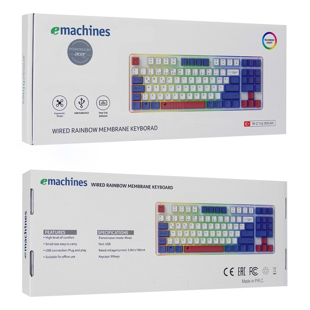 Acer eMachines EAK216 Beyaz/Mavi/Kırmızı USB Rainbow Aydınlatmalı Q Standart TKL Klavye