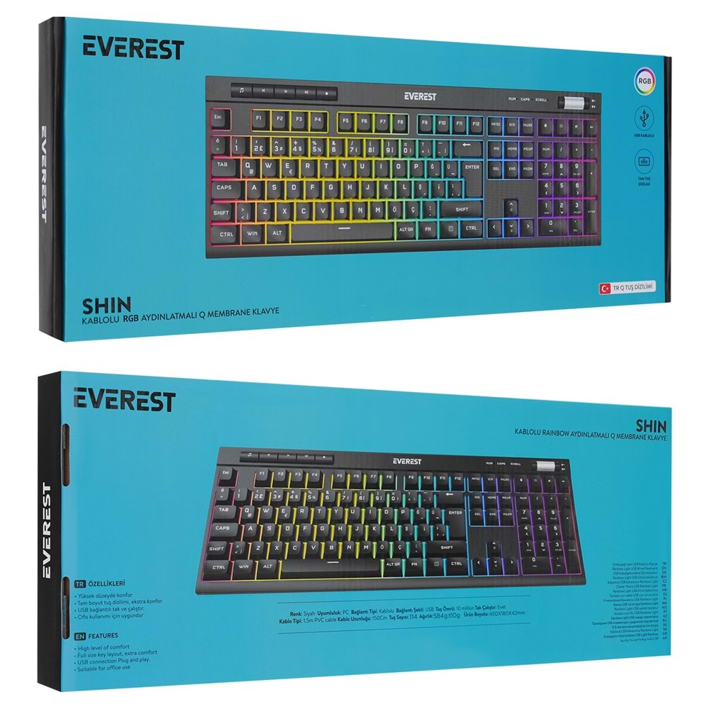 Everest KB-68 Shin Siyah Rainbow Q Usb Multimedia Klavye