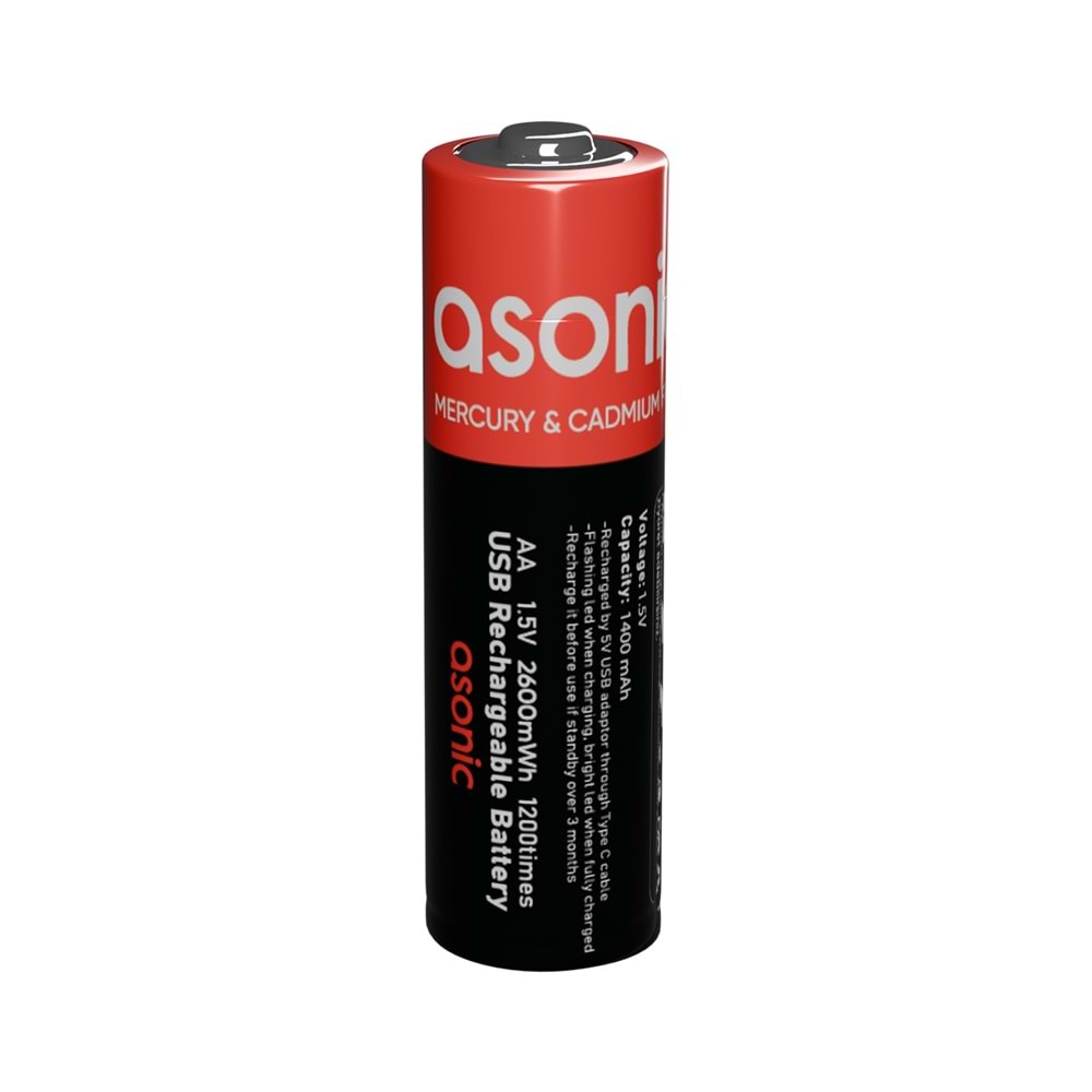 Asonic PL1400 AA Kalın 1.5V 1400mAh/2600mwh Type-C USB Şarjli 2'Lİ Pil