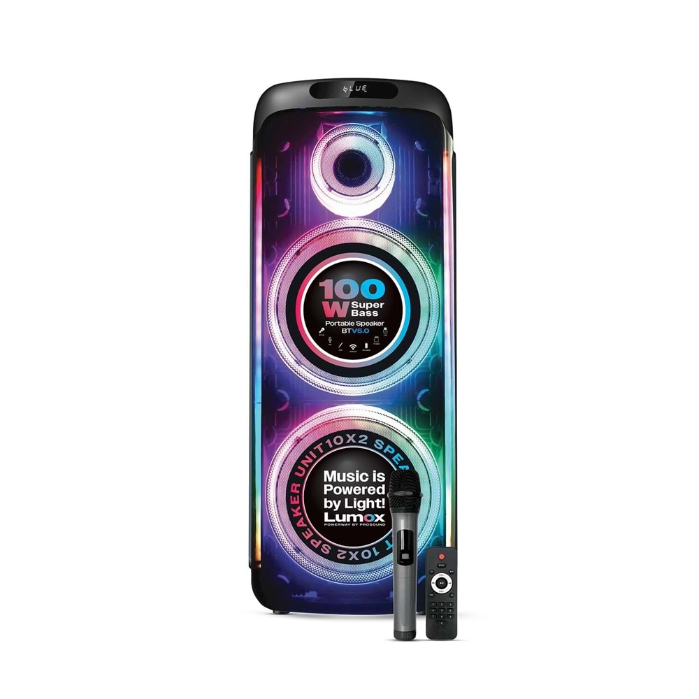 Powerway Lumox 100W Bluetooth Hoparlör Karaoke Parti Ses Sistemi Gitar Girişli Optik Kontrol Paneli Ekran