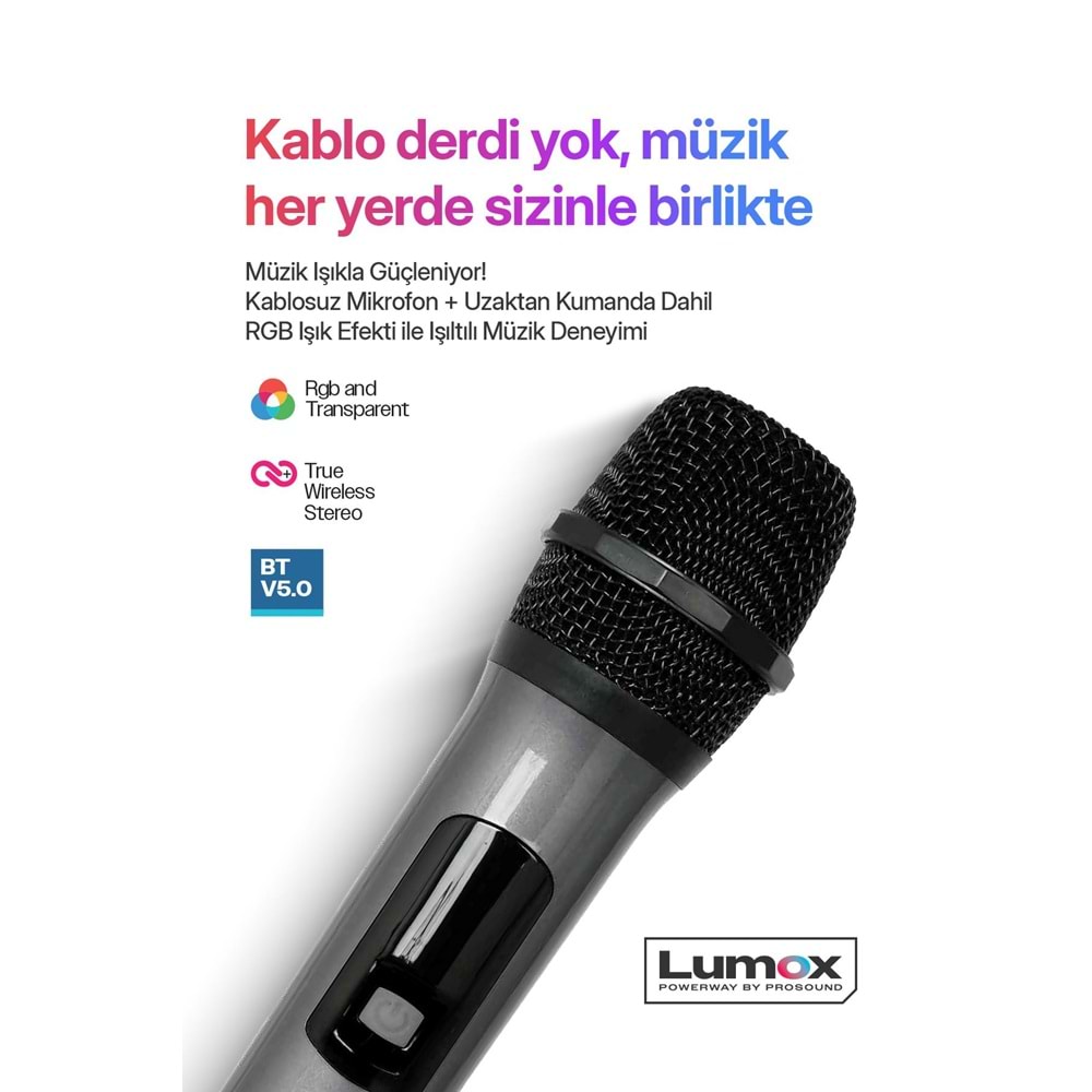 Powerway Lumox 100W Bluetooth Hoparlör Karaoke Parti Ses Sistemi Gitar Girişli Optik Kontrol Paneli Ekran