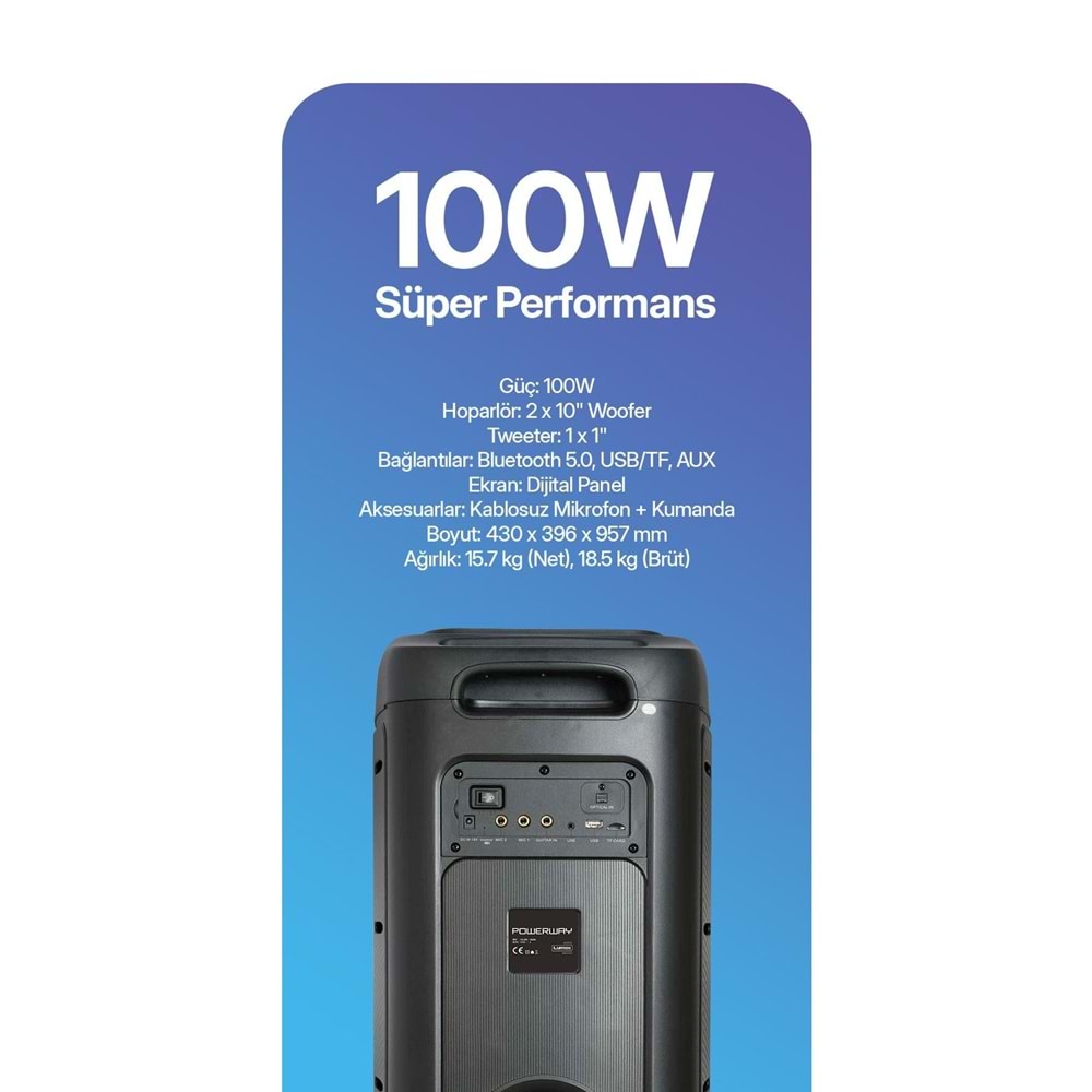 Powerway Lumox 100W Bluetooth Hoparlör Karaoke Parti Ses Sistemi Gitar Girişli Optik Kontrol Paneli Ekran