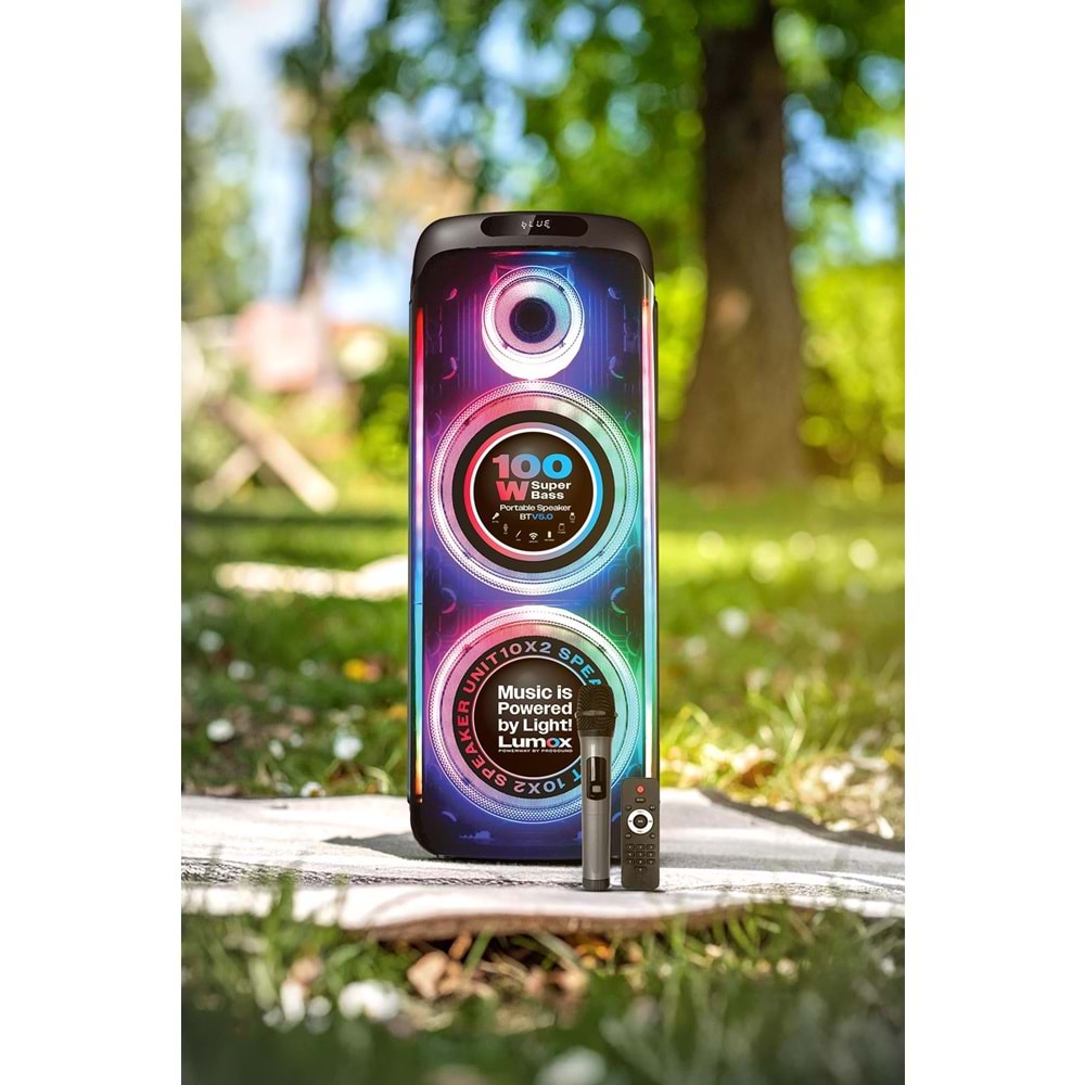 Powerway Lumox 100W Bluetooth Hoparlör Karaoke Parti Ses Sistemi Gitar Girişli Optik Kontrol Paneli Ekran