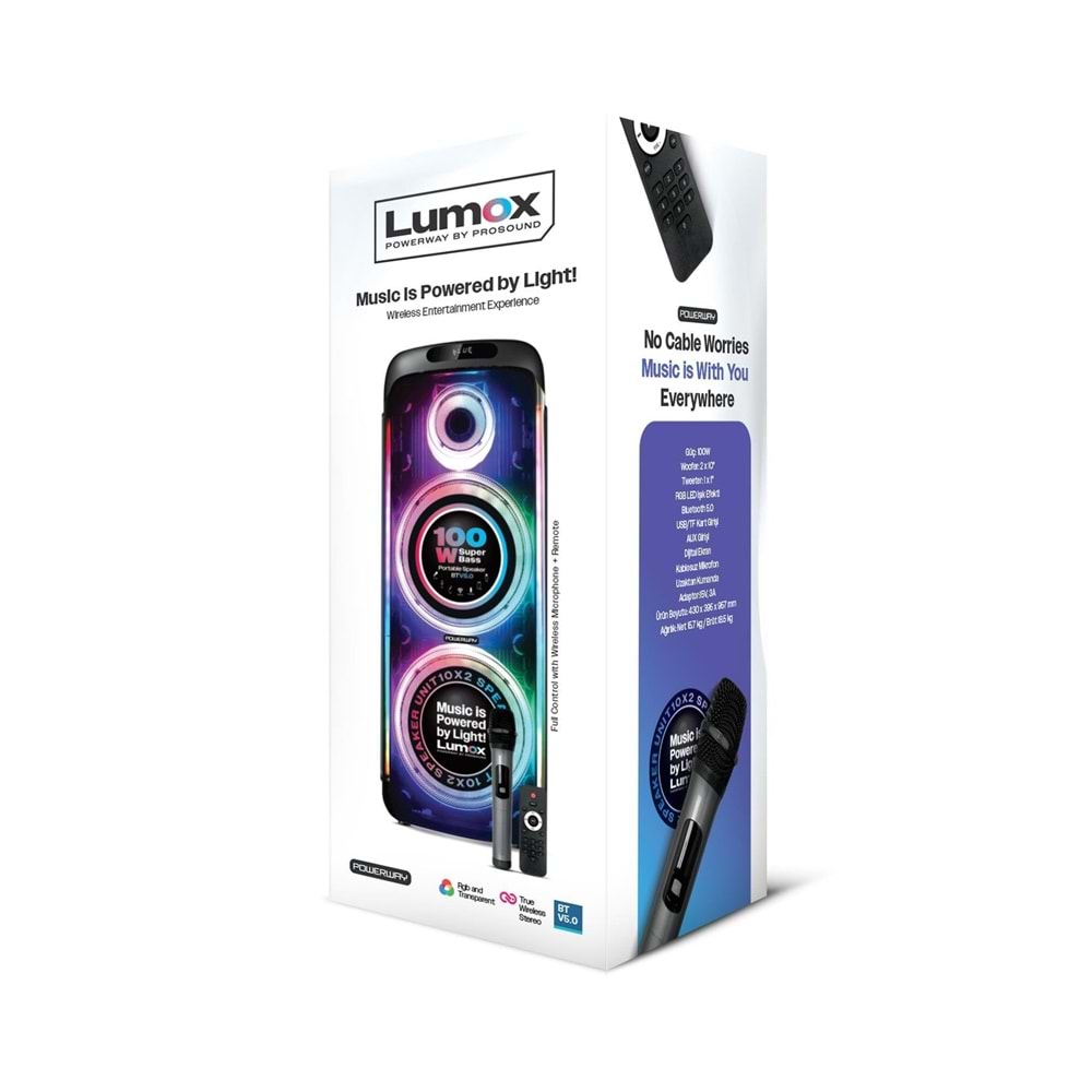 Powerway Lumox 100W Bluetooth Hoparlör Karaoke Parti Ses Sistemi Gitar Girişli Optik Kontrol Paneli Ekran
