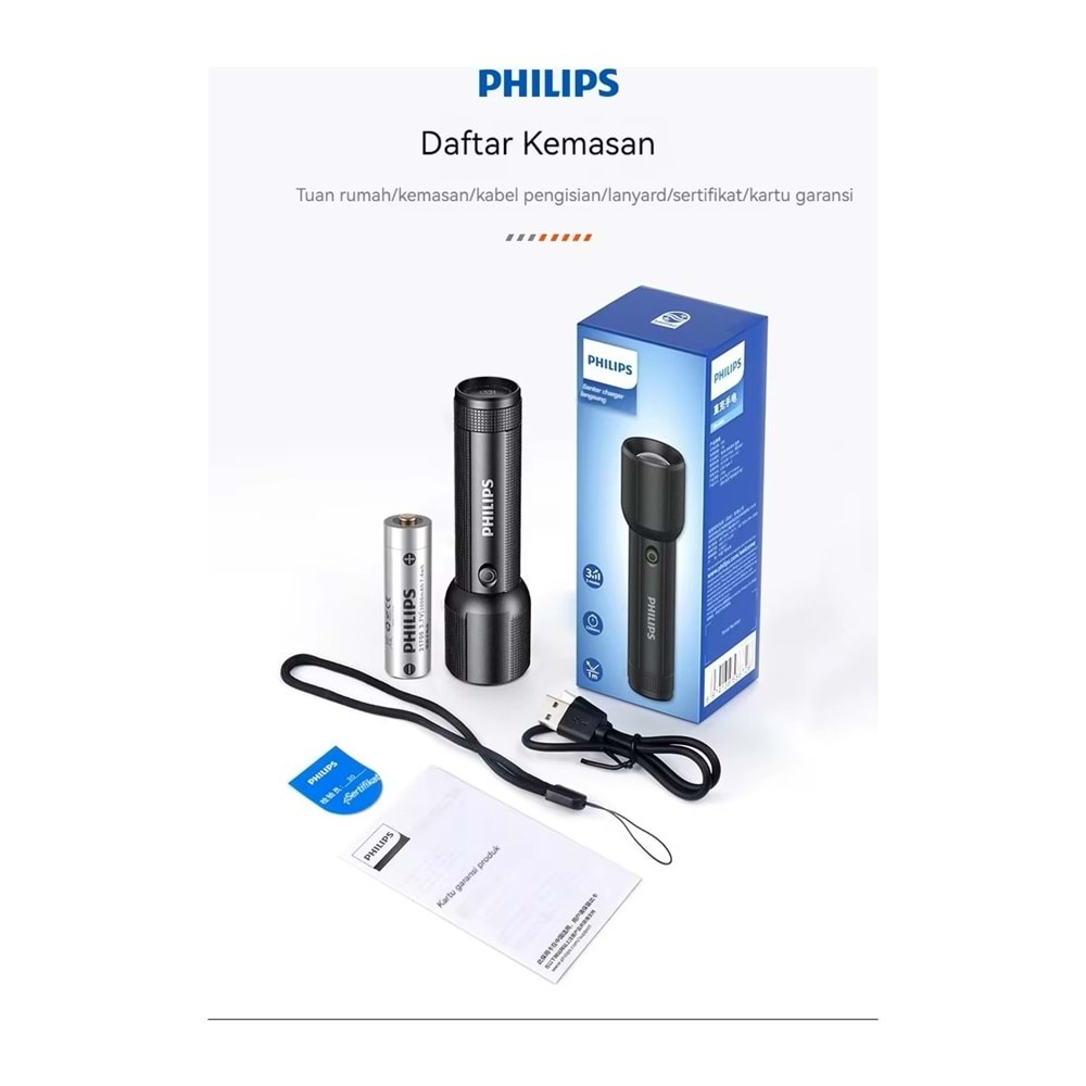 Philips SFL2203 450 Lümen 5W Led El Feneri Teleskopik Zoom Sos Modlu Metal Gövdeli Şarj Edilebilir Uzun Menzilli Flashligh
