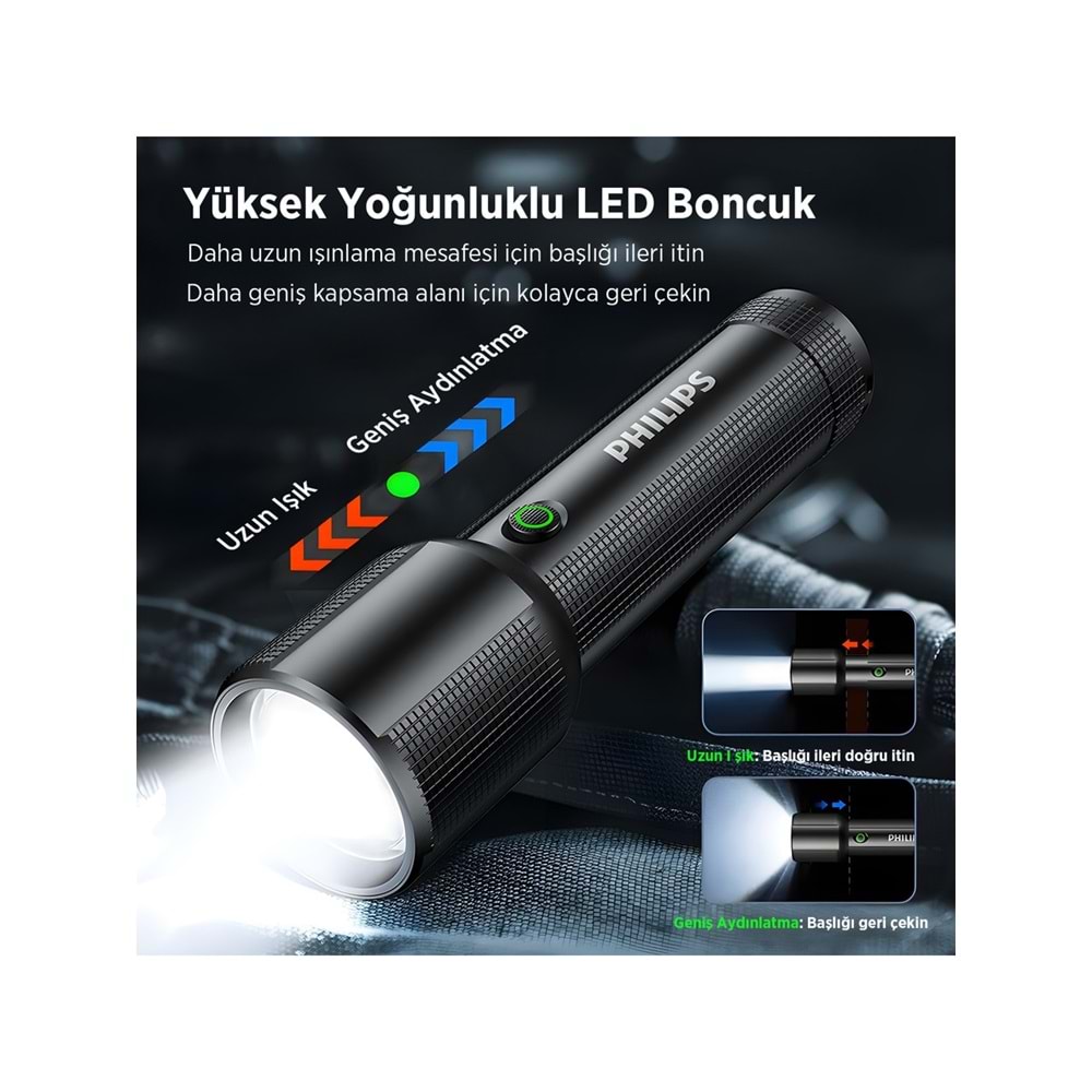 Philips SFL2203 450 Lümen 5W Led El Feneri Teleskopik Zoom Sos Modlu Metal Gövdeli Şarj Edilebilir Uzun Menzilli Flashligh