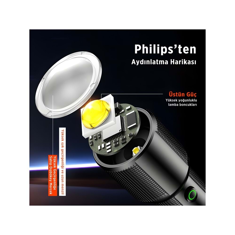 Philips SFL2203 450 Lümen 5W Led El Feneri Teleskopik Zoom Sos Modlu Metal Gövdeli Şarj Edilebilir Uzun Menzilli Flashligh