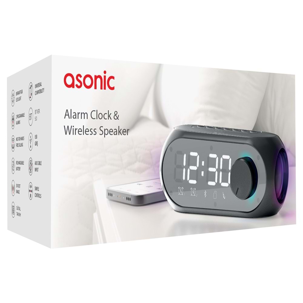 Asonic AS-W6 1200mAh 5W Siyah Bluetooth-Aux-Derece-Usb Double Alarmlı Saat Speaker