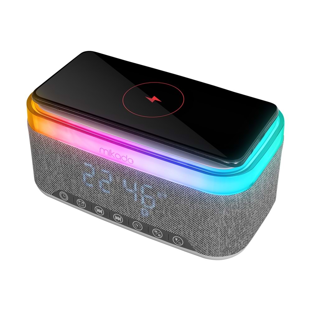 Mikado MD-W8 1200mAh 10W Gri Bluetooth-Usb-Kablosuz Şarj RGB-Gece Lambası Özellikli Alarmlı Saat Speaker