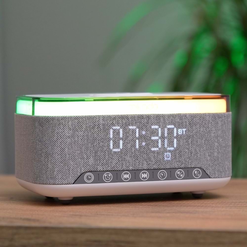Mikado MD-W8 1200mAh 10W Gri Bluetooth-Usb-Kablosuz Şarj RGB-Gece Lambası Özellikli Alarmlı Saat Speaker