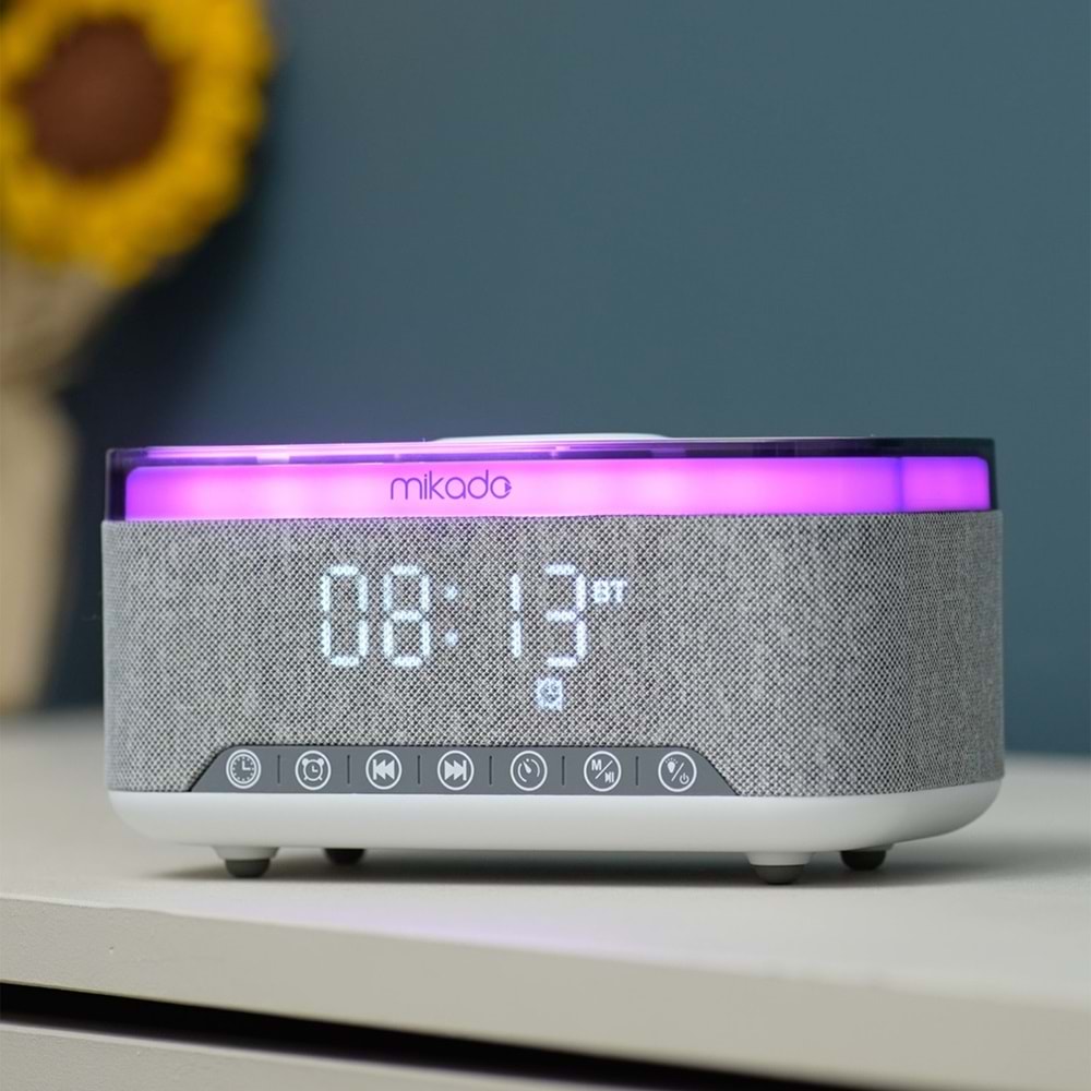 Mikado MD-W8 1200mAh 10W Gri Bluetooth-Usb-Kablosuz Şarj RGB-Gece Lambası Özellikli Alarmlı Saat Speaker