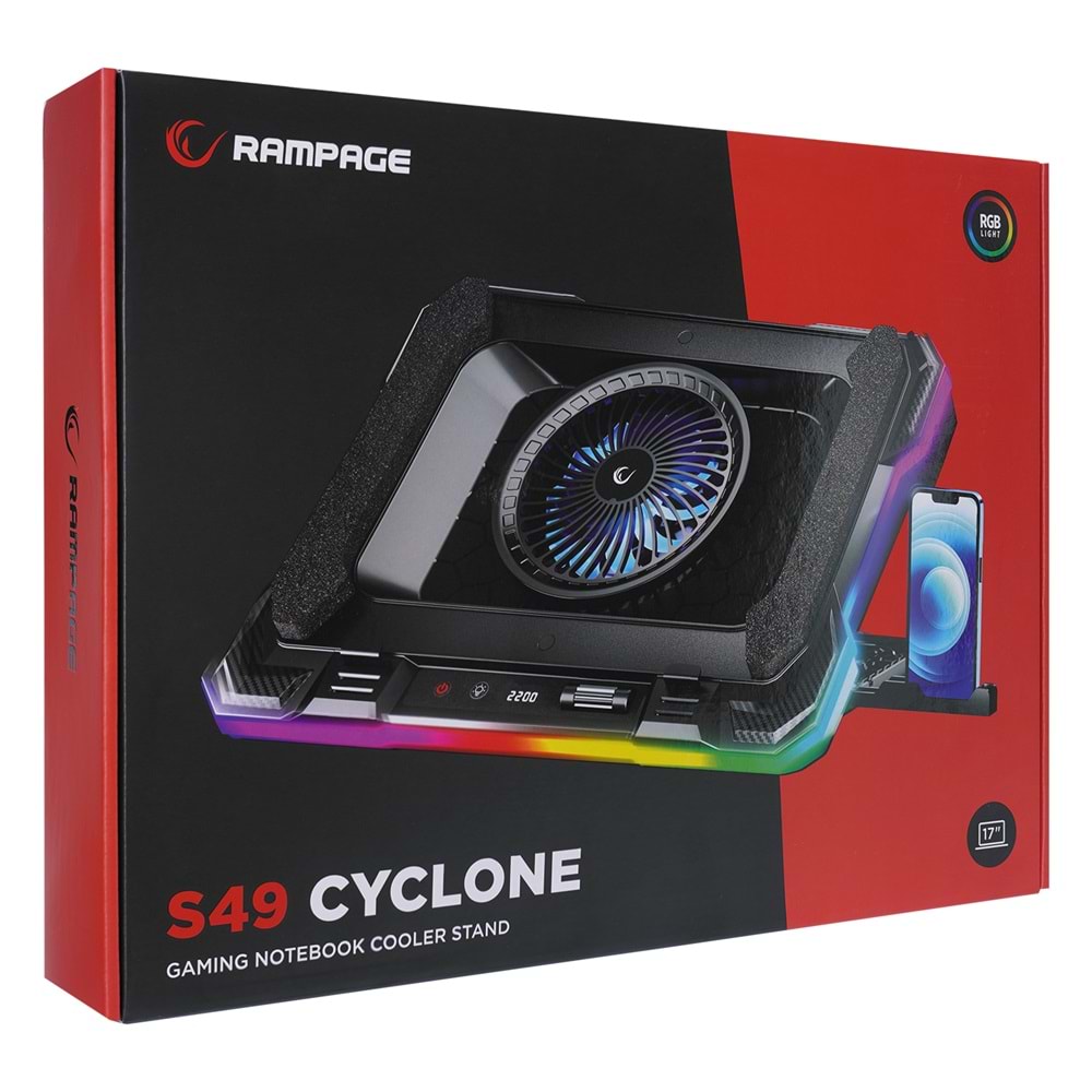 Rampage S49 Cyclone Siyah 10 Mode RGB 140*140mm 1 Fanlı 14-19 inç LED Ekranlı Notebook Soğutucu Stand