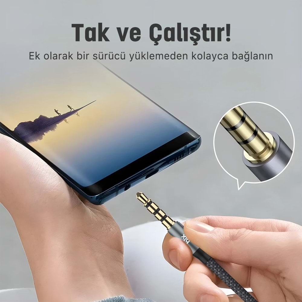 Bix BXAU3C Hi-Fi 3.5mm Erkek to Erkek Örgülü Aux Ses Kablosu 1 Metre