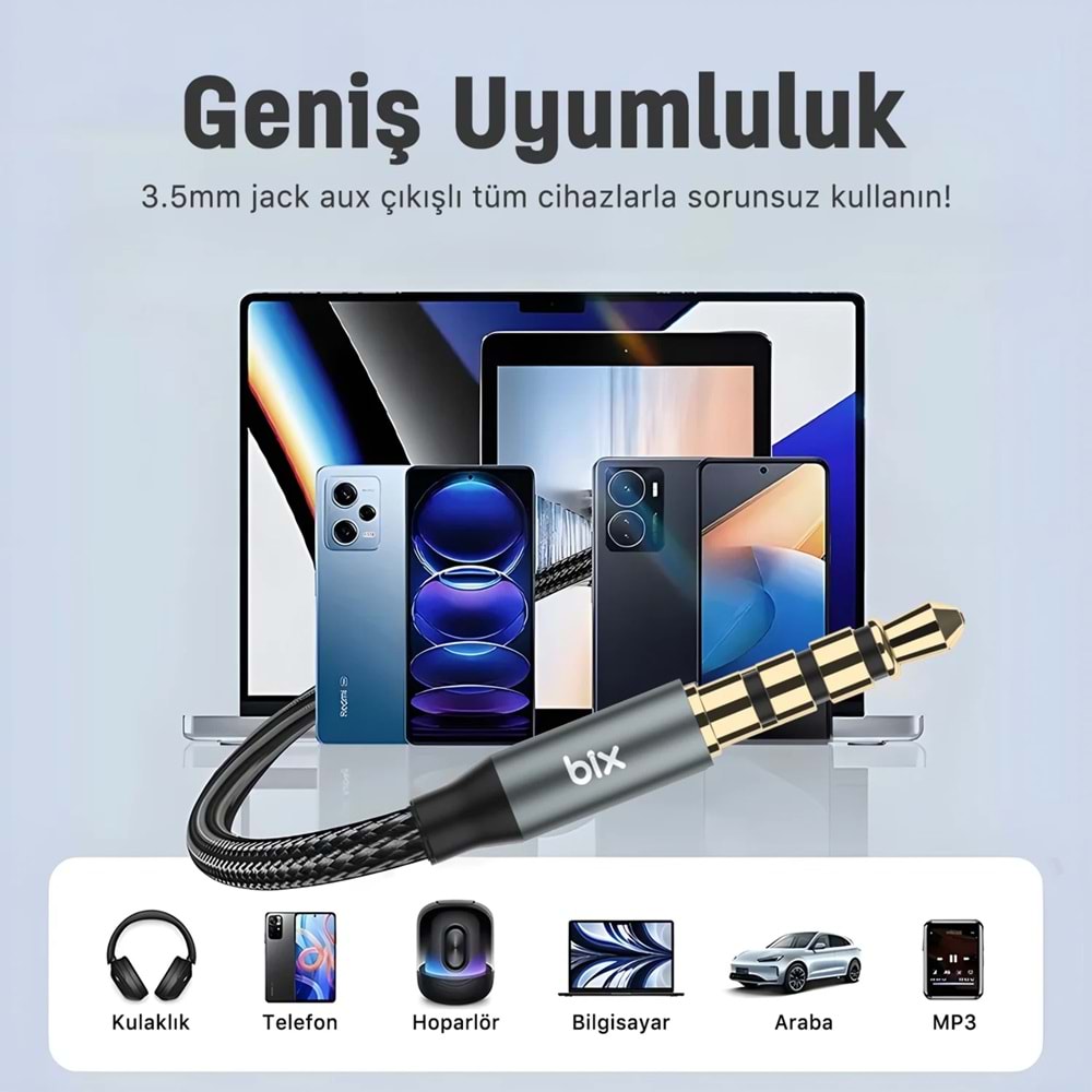 Bix BXAU3C Hi-Fi 3.5mm Erkek to Erkek Örgülü Aux Ses Kablosu 1 Metre