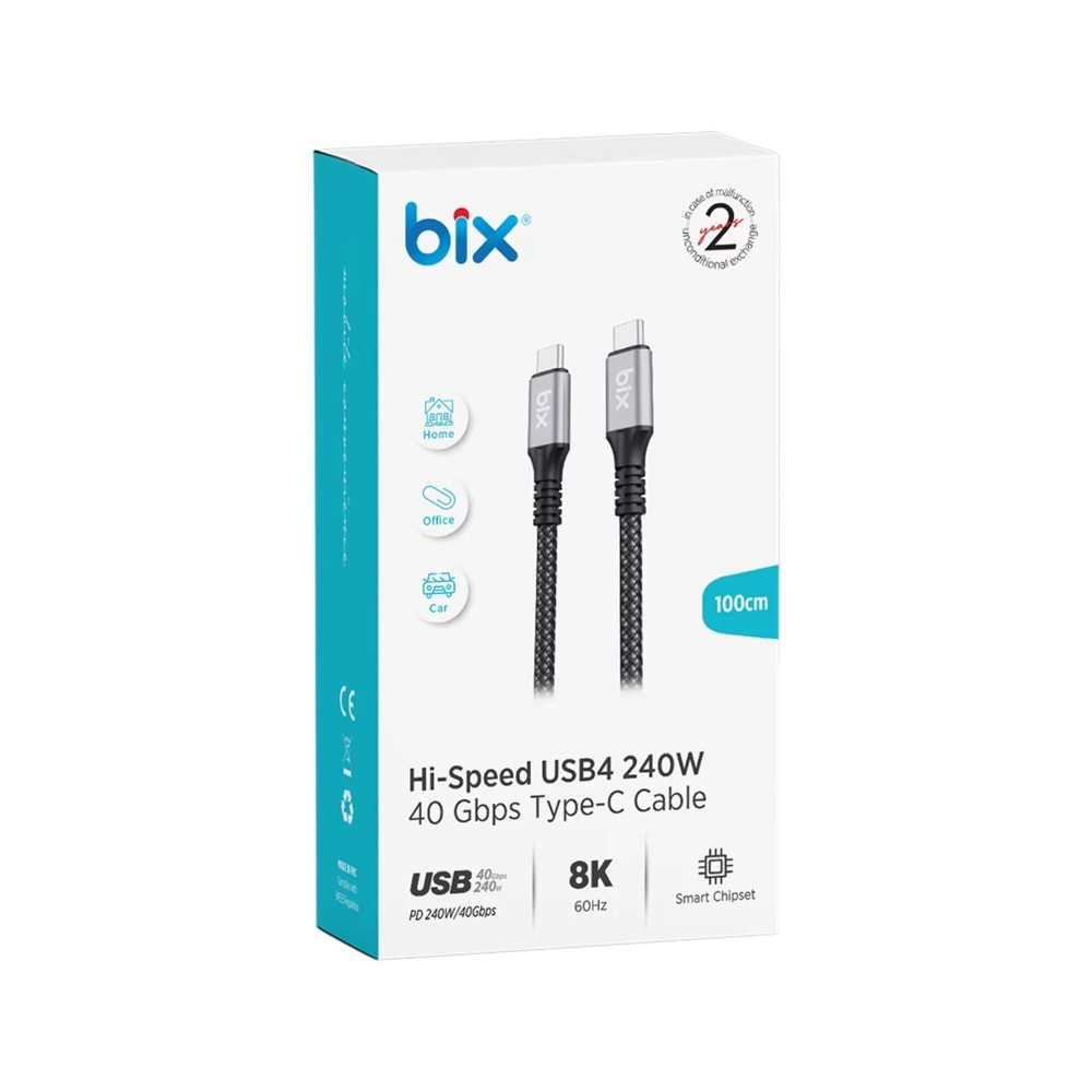 Bix BXCC242 USB4 Thunderbolt 3/4 Uyumlu USB-C IF 240W 40Gbps 8K 60Hz UHD Şarj, Data ve Görüntü Kablosu