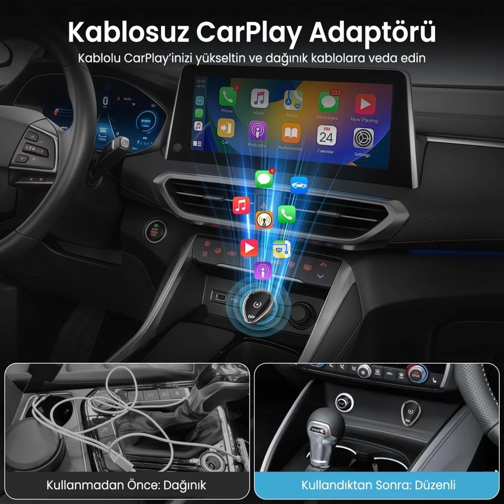 Bix CB01 2.4G/5G WiFi CarPlay Android Auto Kabloludan Kablosuza Çevirici USB Adaptör