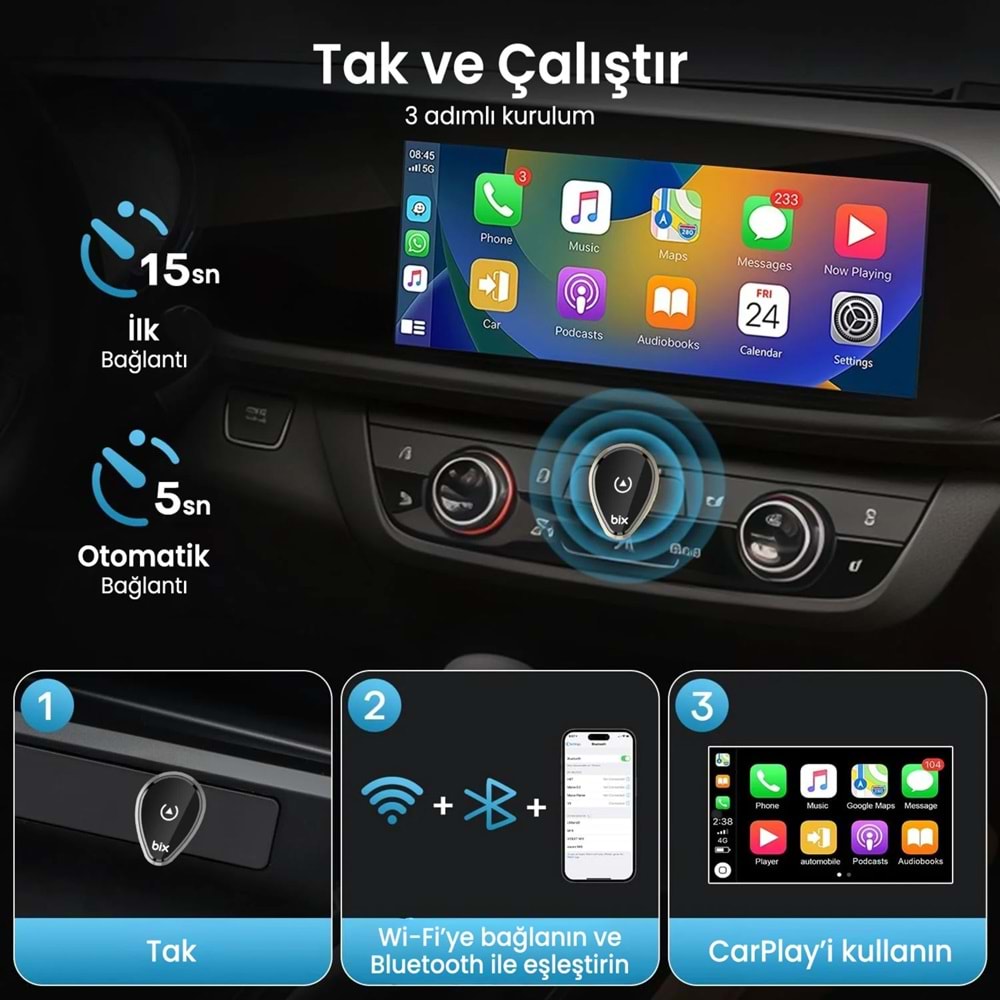 Bix CB01 2.4G/5G WiFi CarPlay Android Auto Kabloludan Kablosuza Çevirici USB Adaptör