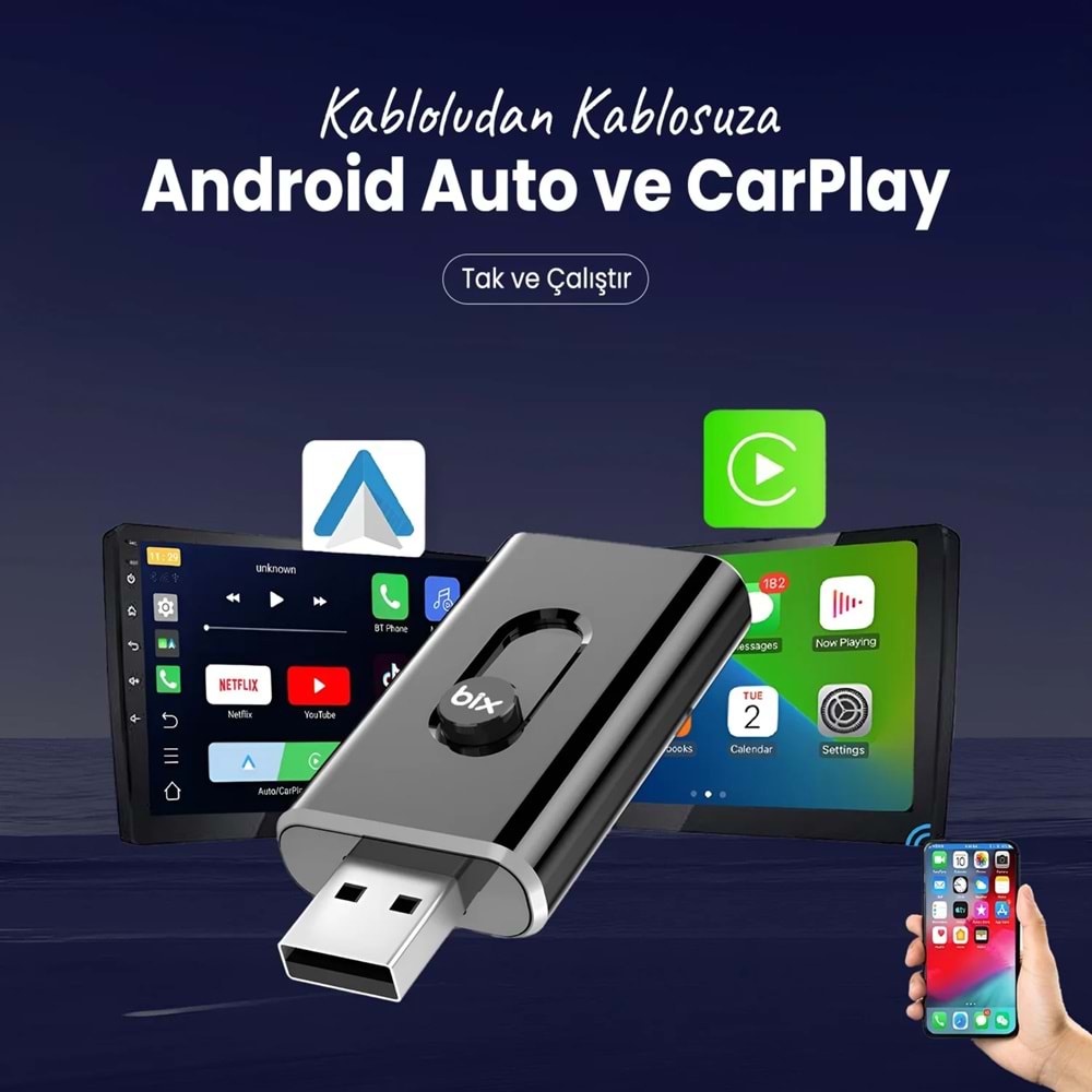 Bix CB02 2.4G/5G WiFi CarPlay Android Auto Kabloludan Kablosuza Çevirici USB-A USB-C Çift Uçlu Hibrit Adaptör