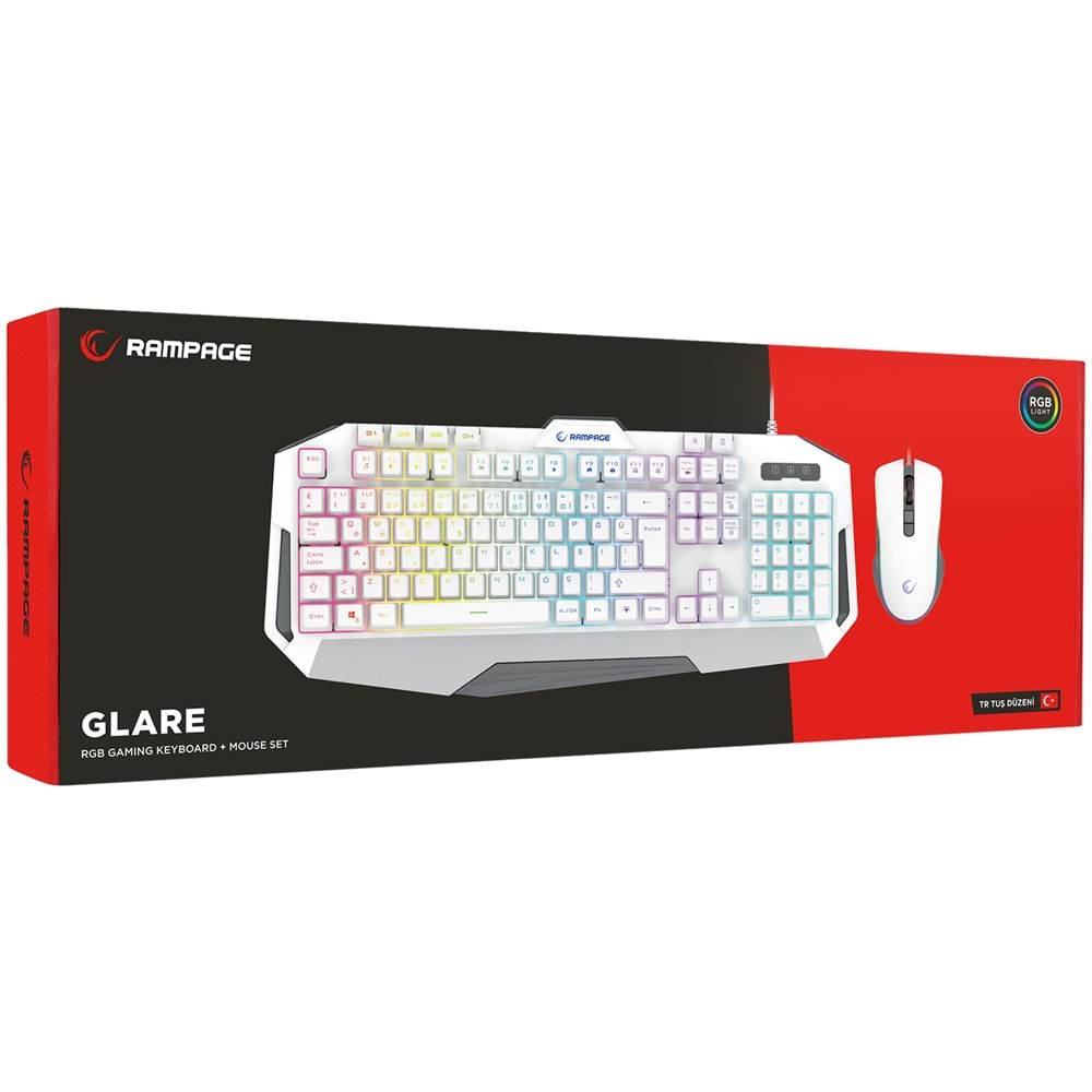 Rampage KM-34 GLARE Beyaz Usb RGB Aydınlatmalı Q 12800 DPI Mouse Gaming Oyuncu Klavye Set