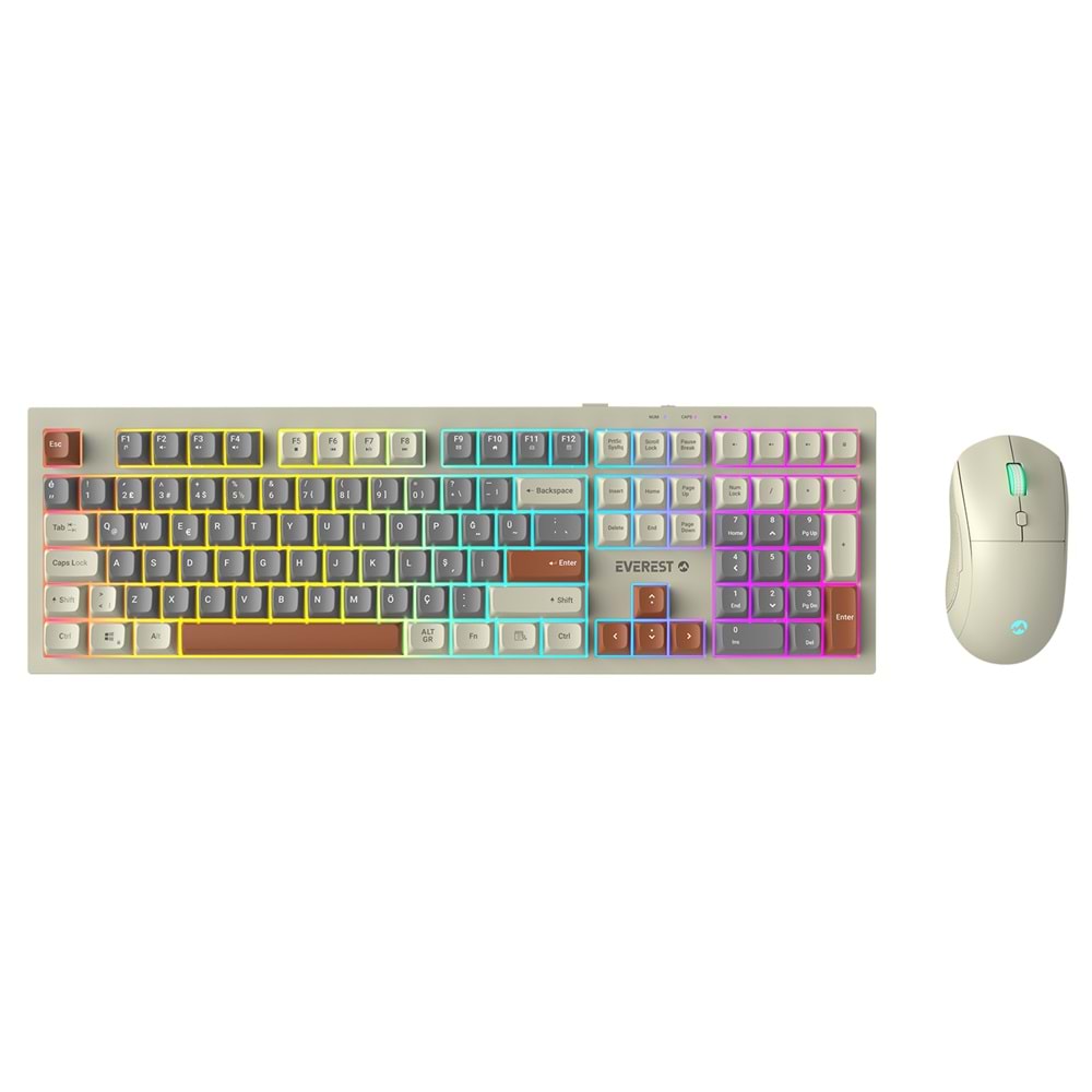 Everest KM-77 Runa Gri/Krem/Kahve Usb Rainbow Aydınlatmalı Sessiz Q Klavye + Mouse Set