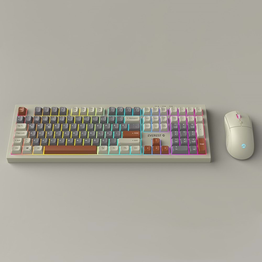 Everest KM-77 Runa Gri/Krem/Kahve Usb Rainbow Aydınlatmalı Sessiz Q Klavye + Mouse Set