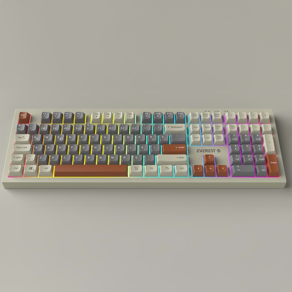 Everest KM-77 Runa Gri/Krem/Kahve Usb Rainbow Aydınlatmalı Sessiz Q Klavye + Mouse Set