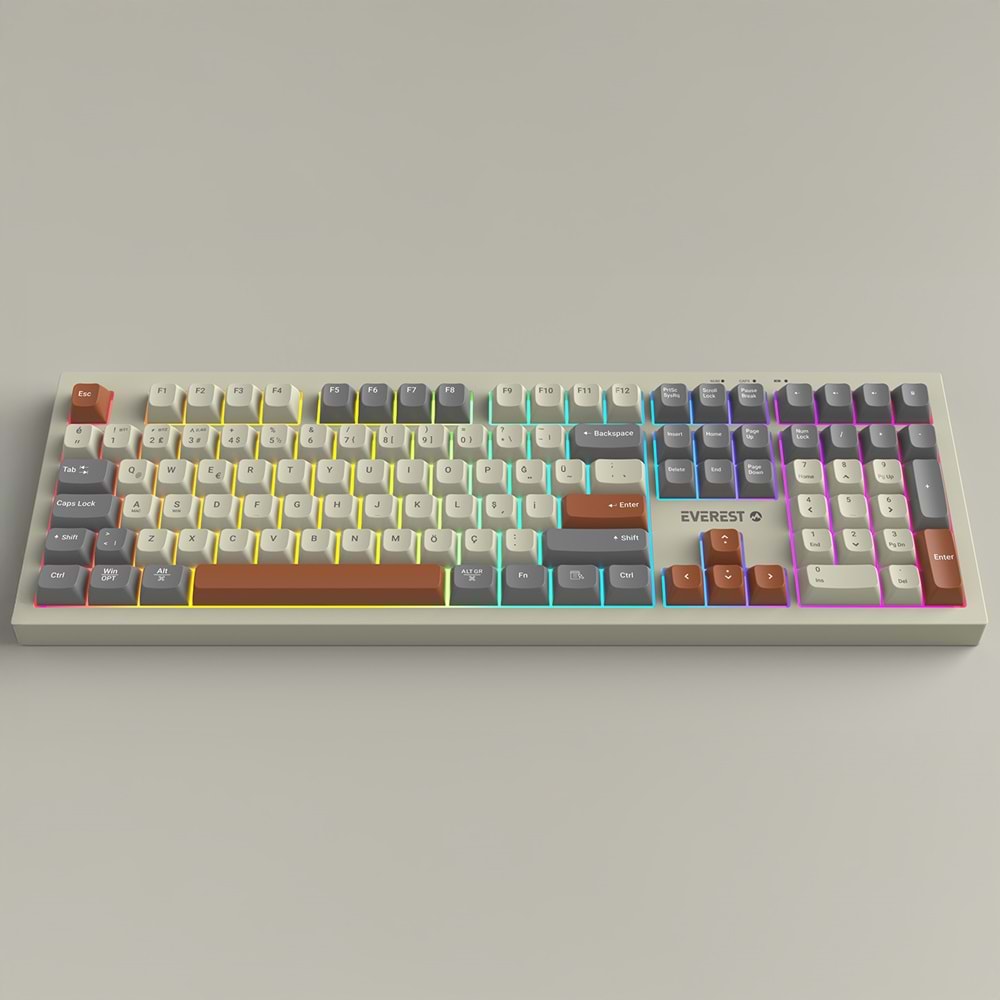 Everest KM-78 Rena Krem/Gri/Kahve Kablosuz 2.4 + BT RGB Aydınlatmalı Sessiz Q Su Sıçramasına Dayanıklı Klavye + Mouse Se