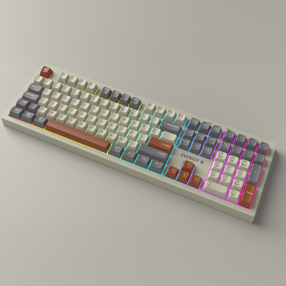Everest KM-78 Rena Krem/Gri/Kahve Kablosuz 2.4 + BT RGB Aydınlatmalı Sessiz Q Su Sıçramasına Dayanıklı Klavye + Mouse Se