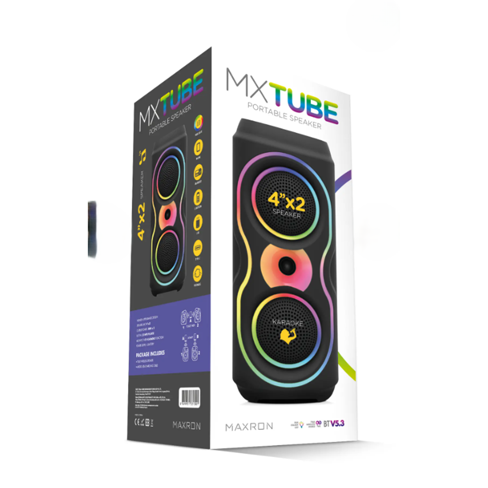 Maxron MXTube 20W Bluetooth Hoparlör Led Işıklı Ses Sistemi Parti Speaker Karaoke Özellikli + Mikrofon