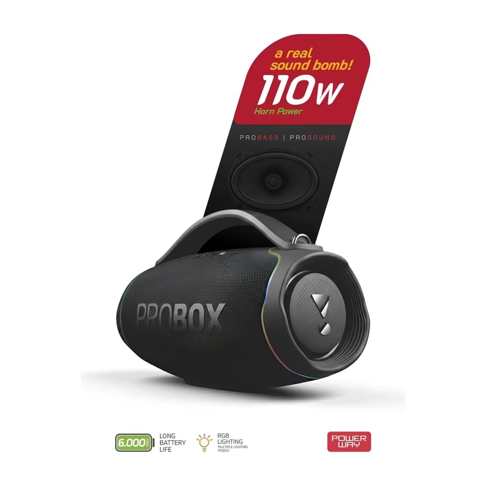 Powerway Probox 110W Güç Usb Hafıza Kartı Aux Fm Led Işıklı Bluetooth Hoparlör Hi-Fi Ses Bombası