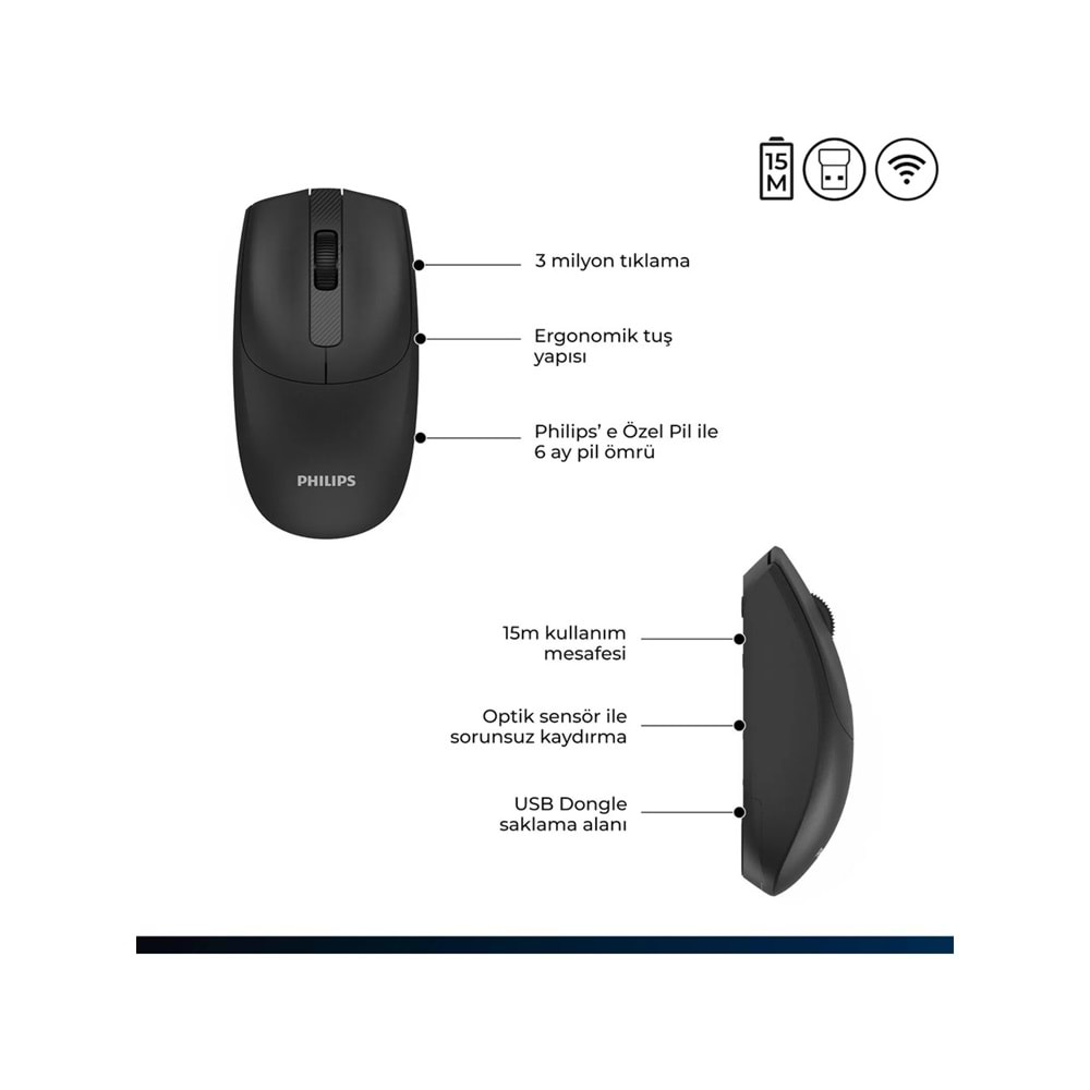 Philips SPK7398 Siyah Sessiz Optik Kablosuz Mouse
