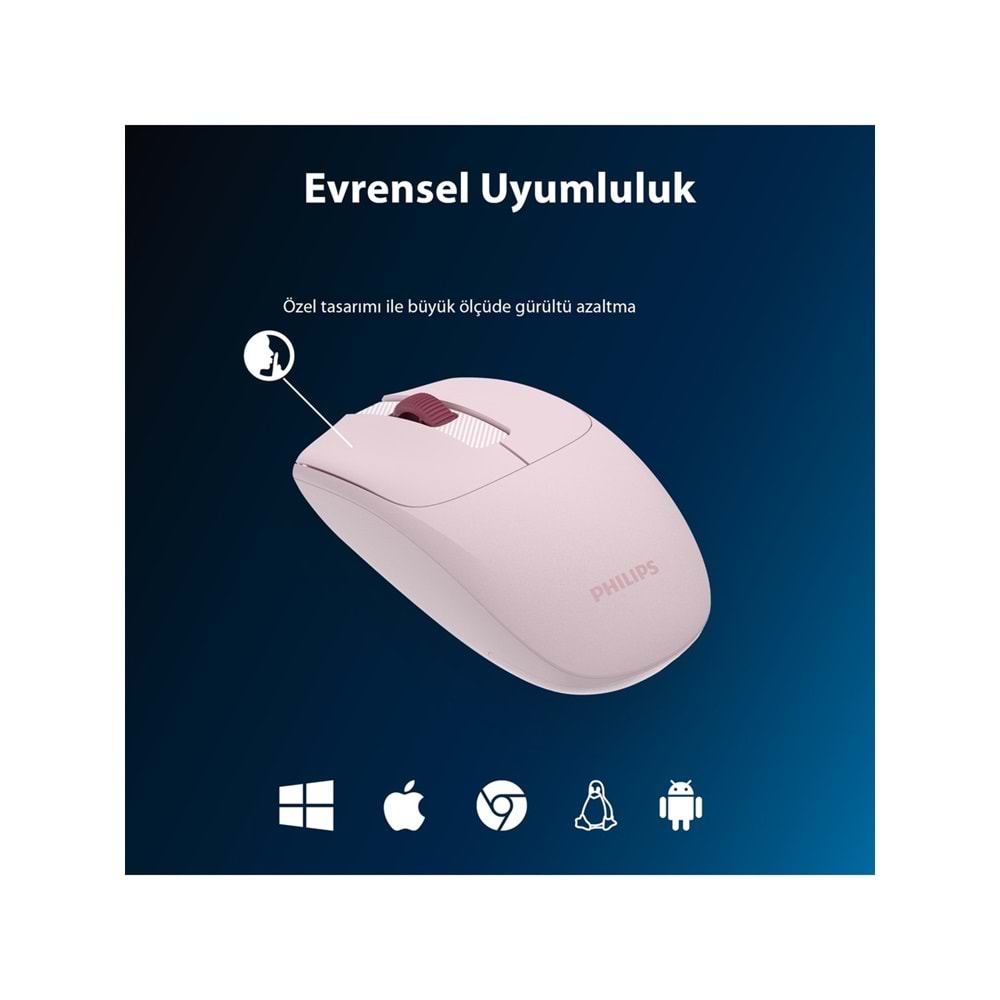 Philips SPK7398 Pembe Sessiz Optik Kablosuz Mouse
