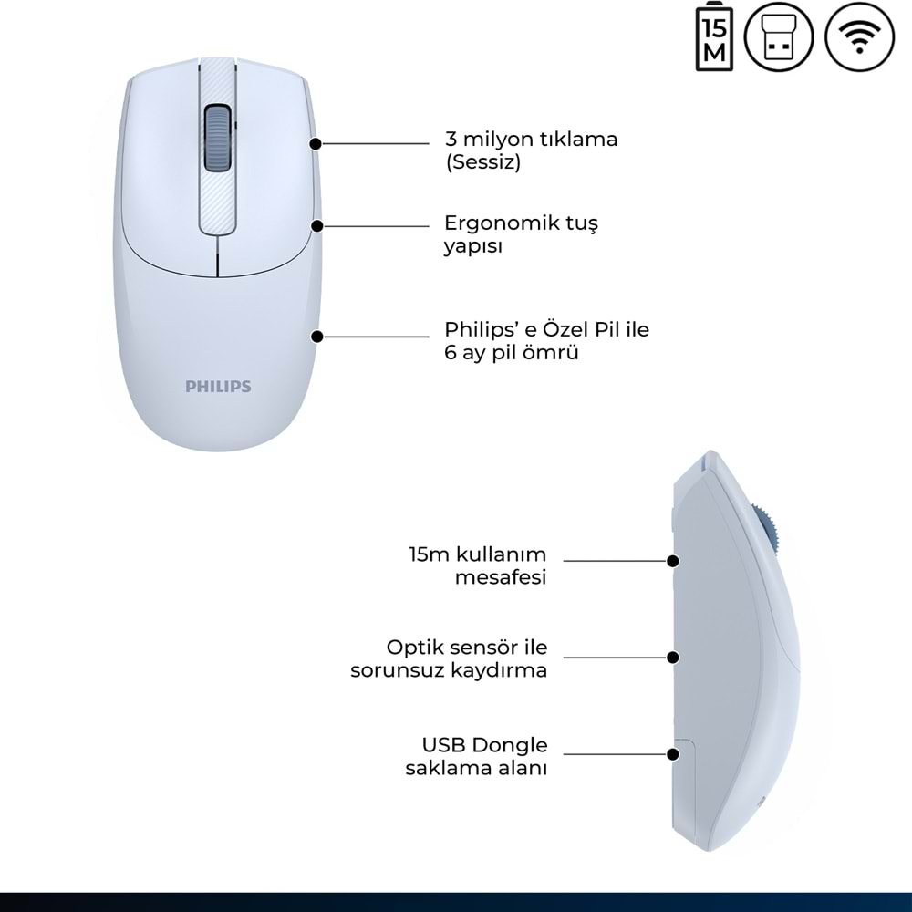 Philips SPK7398 Mavi Sessiz Optik Kablosuz Mouse