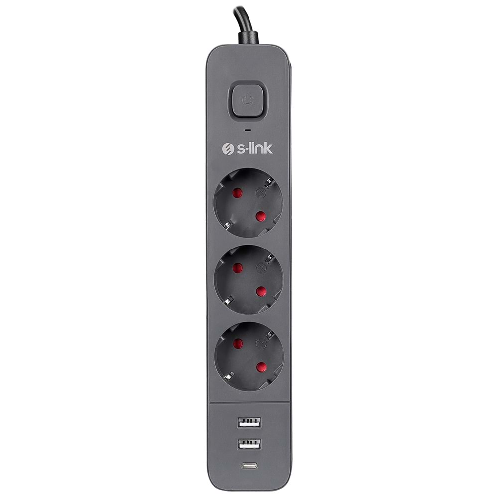 S-link SPG03U 2 Usb +1Type C 5V2.4A 1.5m 3x1.00mm 100% Bakır 750 Joule 3 lü Anahtarlı Akım Korumalı Siyah Priz