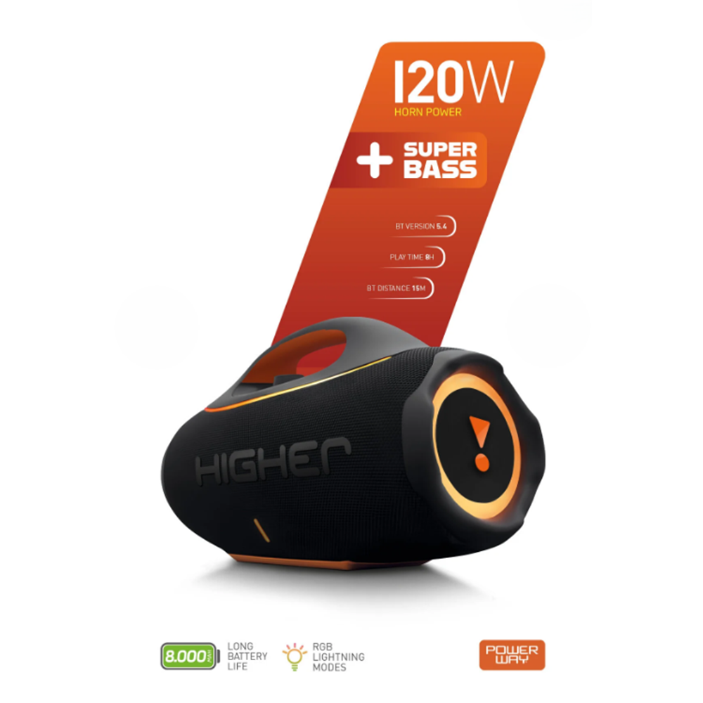 Powerway HİGHER 120W 4x Güç Usb Hafıza Kartı Aux Fm Led Işıklı Bluetooth Hoparlör 8000 mAh Ses Bombası