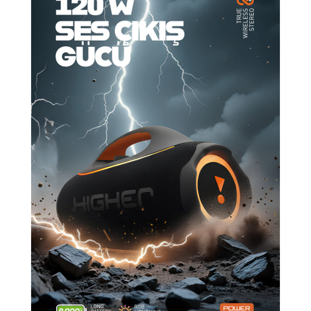 Powerway HİGHER 120W 4x Güç Usb Hafıza Kartı Aux Fm Led Işıklı Bluetooth Hoparlör 8000 mAh Ses Bombası