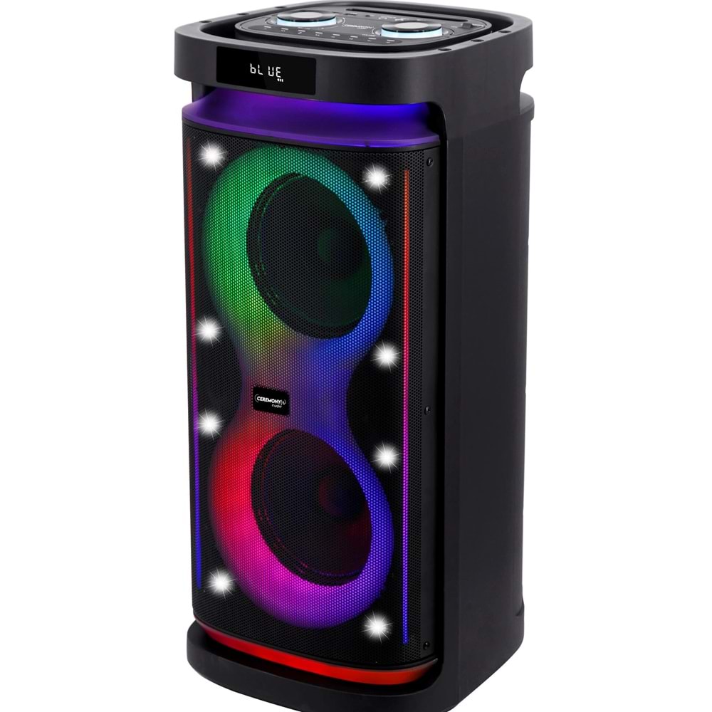 Ceremony Audio CM-208 Taşınabilir Bluetooth Parti Hoparlör 2x8 Inç Woofer 400WATT Tws Disco Lights
