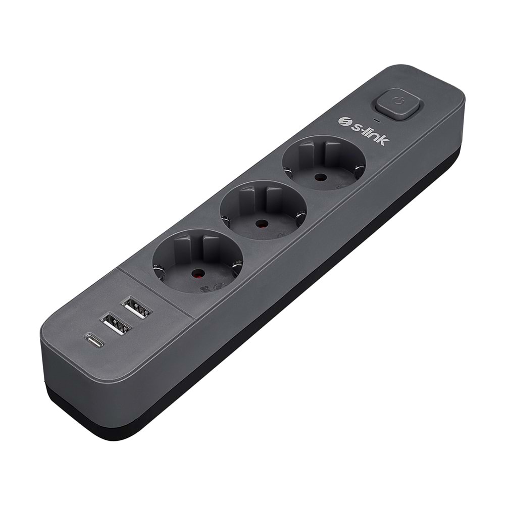S-link SPG03U 2 Usb +1Type C 5V2.4A 1.5m 3x1.00mm 100% Bakır 750Joule 3 lü Anahtarlı Akım Korumalı Siyah Priz