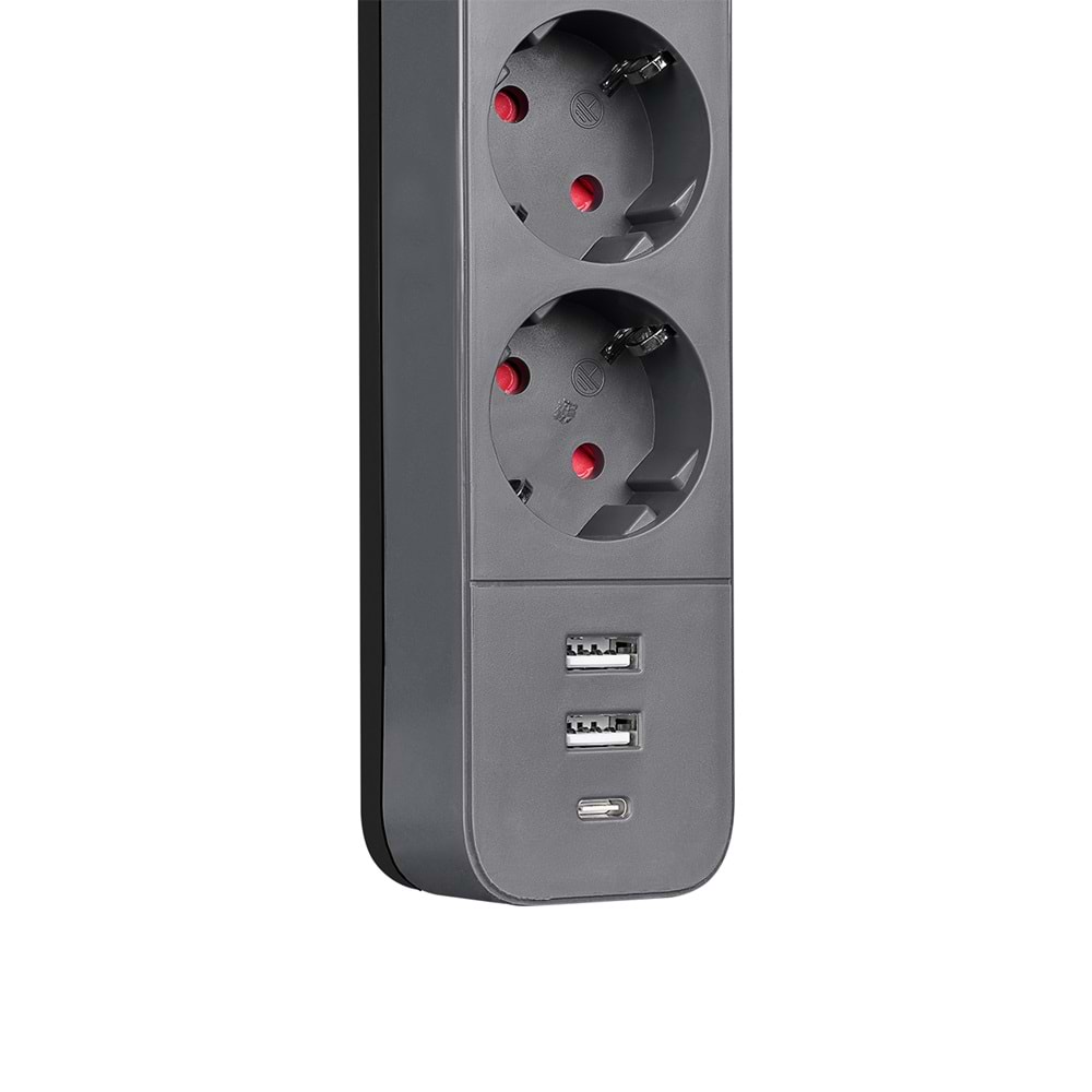 S-link SPG03U 2 Usb +1Type C 5V2.4A 1.5m 3x1.00mm 100% Bakır 750Joule 3 lü Anahtarlı Akım Korumalı Siyah Priz