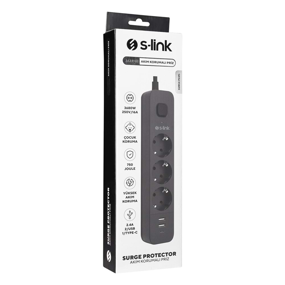 S-link SPG03U 2 Usb +1Type C 5V2.4A 1.5m 3x1.00mm 100% Bakır 750Joule 3 lü Anahtarlı Akım Korumalı Siyah Priz