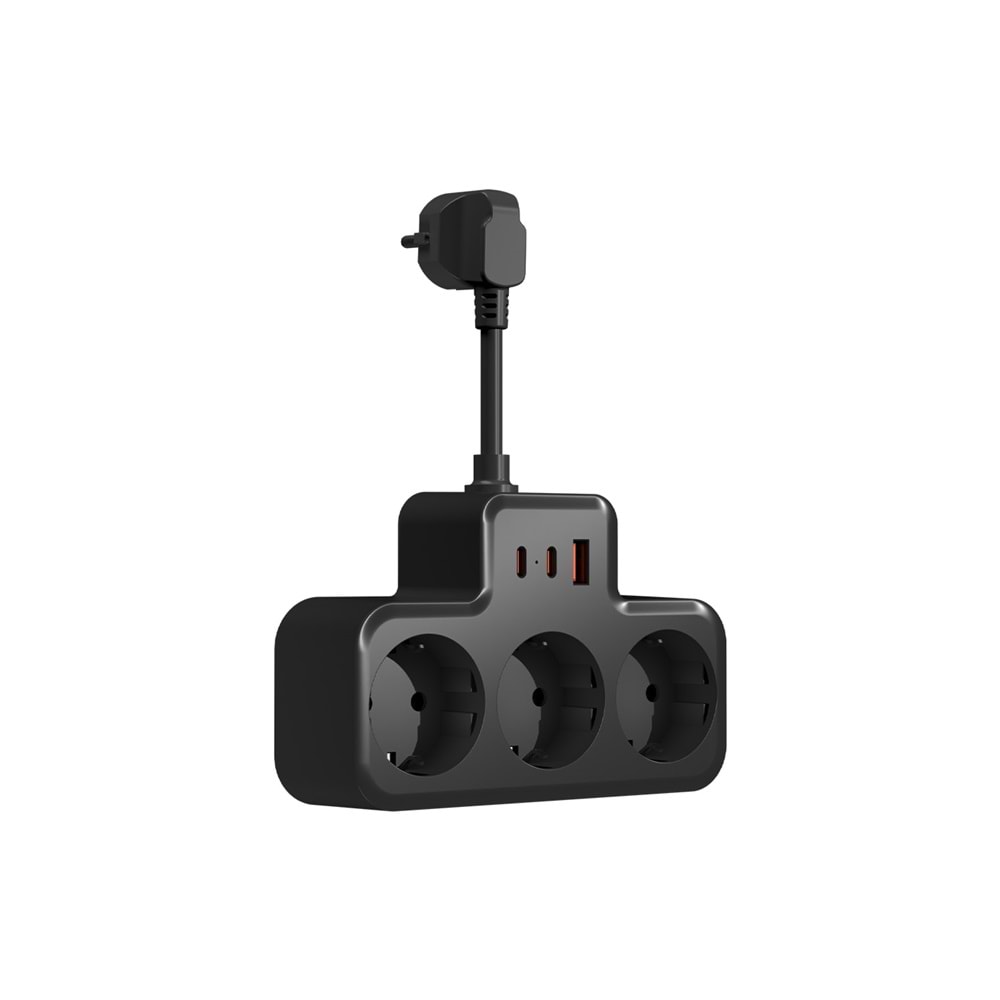 S-link PRZ07 Siyah 3 Soketli 15mm 1 Usb 2 Type-C PD20W 1050 JouleTam Bakır Kablolu Akım Korumalı Priz