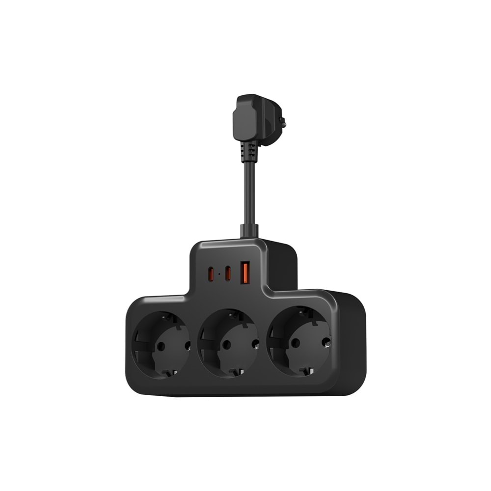 S-link PRZ07 Siyah 3 Soketli 15mm 1 Usb 2 Type-C PD20W 1050 JouleTam Bakır Kablolu Akım Korumalı Priz